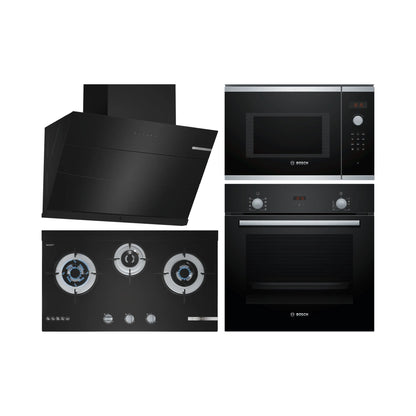 Bosch Built In Oven HBF532BA0I + Bosch Built-In Microwave Series 4 BEL553MS0I + Bosch 90 cm Wall Mounted Chimney Self Clean Series DWKA98G60I + Bosch 70 cm 3 Burner Hob True Brass 3D Wheel PMD83D31NX
