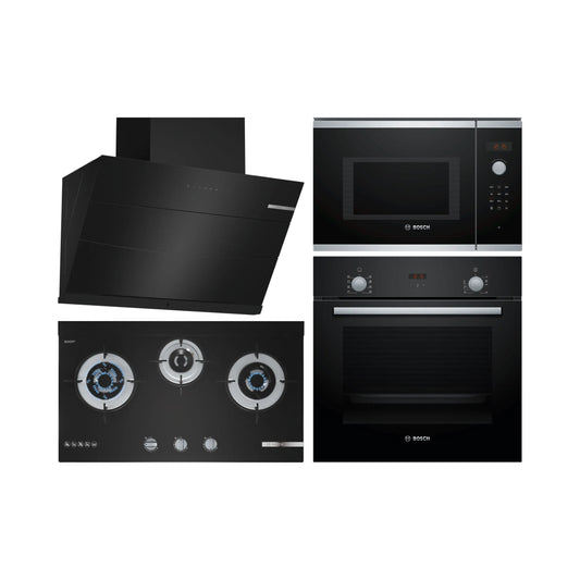 Bosch Built In Oven HBF532BA0I + Bosch Built-In Microwave Series 4 BEL553MS0I + Bosch 90 cm Wall Mounted Chimney Self Clean Series DWKA98G60I + Bosch 70 cm 3 Burner Hob True Brass 3D Wheel PMD83D31NX