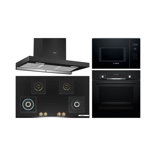 Bosch Built In Oven HBJ577EB0I + Bosch Built-In Microwave Series 6 BEL554MB0I + Bosch 90 cm Wall Mounted Chimney Self Clean Series DWBA98H60I + Bosch 90 cm 4 Burner Hob Series 6 True Brass 3D PNF9B6G20I