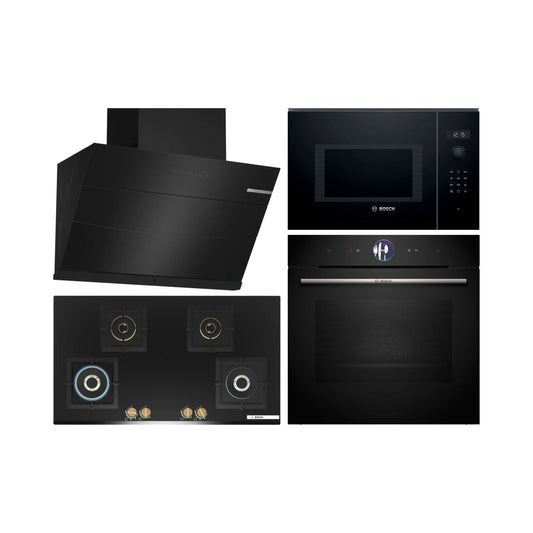 Bosch Built In Oven with Full Steam Function HSG7361B1 + Bosch Built-In Microwave Series 6 BEL554MB0I + Bosch 90 cm Wall Mounted Chimney Self Clean Series DWKA98H60I + Bosch 90 cm 4 Burner Hob Series 6 True Brass 3D PNF9B6G20I