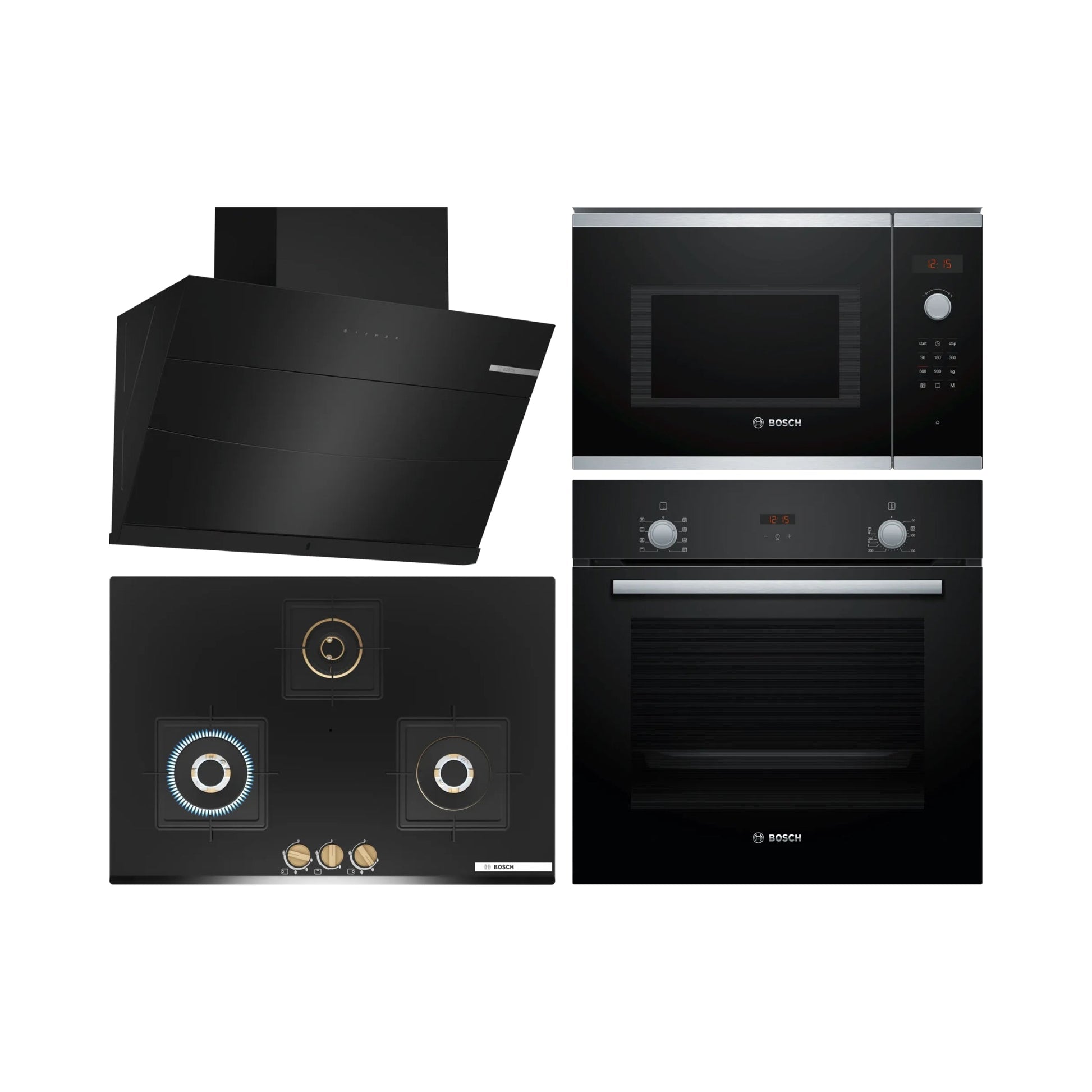 Bosch Built In Oven HBF532BA0I + Bosch Built-In Microwave Series 4 BEL553MS0I + Bosch 90 cm Wall Mounted Chimney Self Clean Series DWKA98G60I + Bosch 75 cm 3 Burner Hob True Brass 3D PND7B6G20I