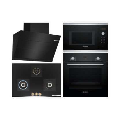 Bosch Built In Oven HBF532BA0I + Bosch Built-In Microwave Series 4 BEL553MS0I + Bosch 90 cm Wall Mounted Chimney Self Clean Series DWKA98G60I + Bosch 75 cm 3 Burner Hob True Brass 3D PND7B6G20I
