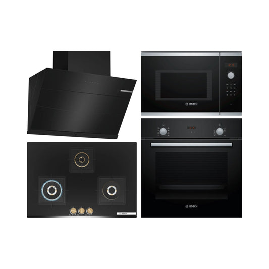 Bosch Built In Oven HBF532BA0I + Bosch Built-In Microwave Series 4 BEL553MS0I + Bosch 90 cm Wall Mounted Chimney Self Clean Series DWKA98G60I + Bosch 75 cm 3 Burner Hob True Brass 3D PND7B6G20I