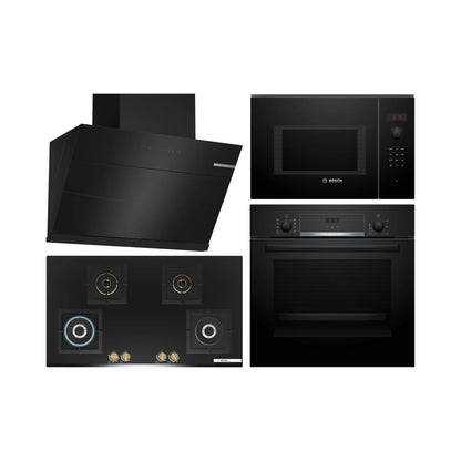 Bosch Built In Oven HBJ534EB0I + Bosch Built-In Microwave Series 6 BEL553MB0I + Bosch 90 cm Wall Mounted Chimney Self Clean Series DWKA98H60I + Bosch 90 cm 4 Burner Hob Series 6 True Brass 3D PNF9B6G20I