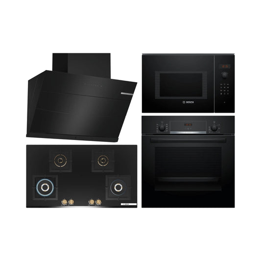 Bosch Built In Oven HBJ534EB0I + Bosch Built-In Microwave Series 6 BEL553MB0I + Bosch 90 cm Wall Mounted Chimney Self Clean Series DWKA98H60I + Bosch 90 cm 4 Burner Hob Series 6 True Brass 3D PNF9B6G20I