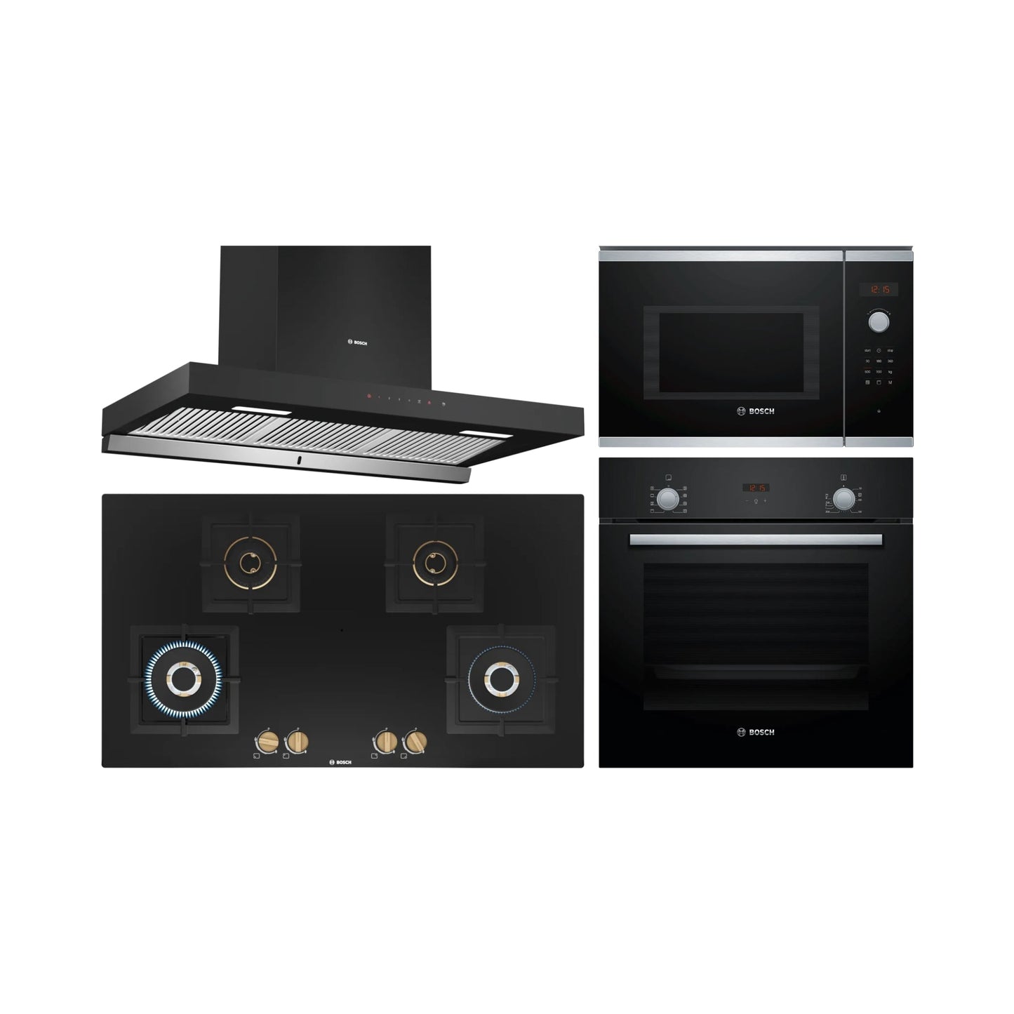 Bosch Built In Oven HBF532BA0I + Bosch Built-In Microwave Series 4 BEL553MS0I + Bosch 90 cm Wall Mounted Chimney Self Clean Series DWBA98H60I + Bosch 90 cm 4 Burner Hob True Brass 2D PNF9B6F20I