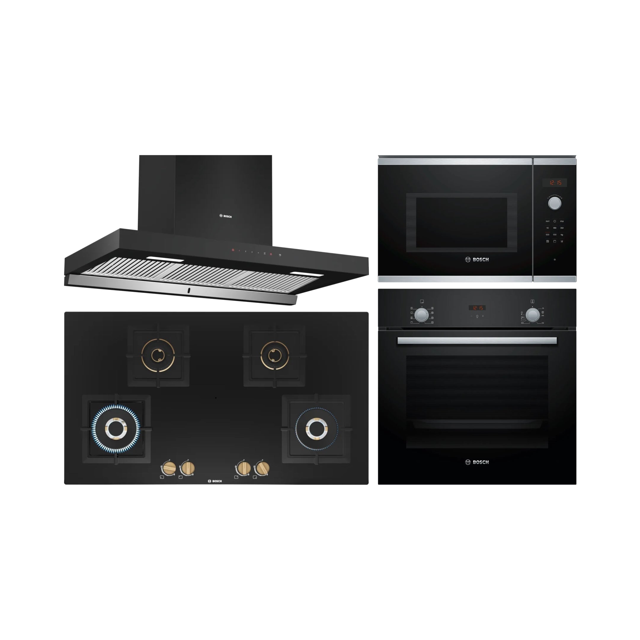 Bosch Built In Oven HBF532BA0I + Bosch Built-In Microwave Series 4 BEL553MS0I + Bosch 90 cm Wall Mounted Chimney Self Clean Series DWBA98H60I + Bosch 90 cm 4 Burner Hob True Brass 2D PNF9B6F20I