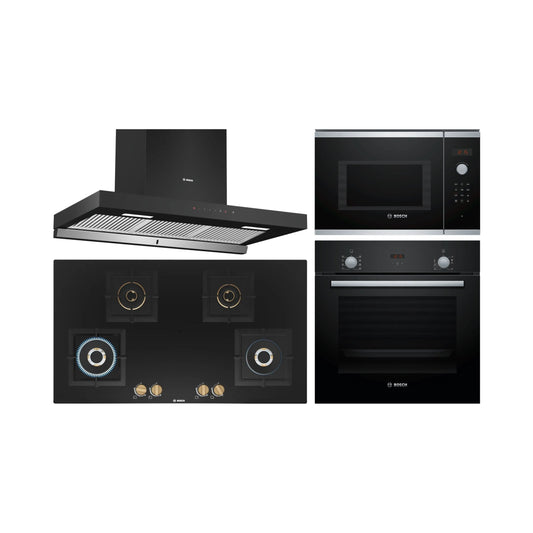Bosch Built In Oven HBF532BA0I + Bosch Built-In Microwave Series 4 BEL553MS0I + Bosch 90 cm Wall Mounted Chimney Self Clean Series DWBA98H60I + Bosch 90 cm 4 Burner Hob True Brass 2D PNF9B6F20I