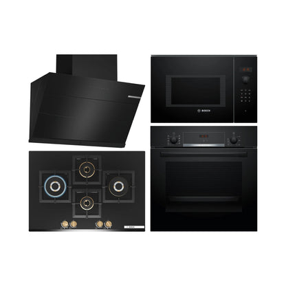 Bosch Built In Oven HBJ534EB0I + Bosch Built-In Microwave Series 6 BEL553MB0I + Bosch 90 cm Wall Mounted Chimney Self Clean Series DWKA98H60I + Bosch 75 cm 4 Burner Hob Series 6 True Brass 3D PNI7B6G20I