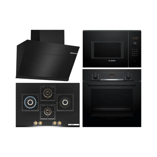 Bosch Built In Oven HBJ534EB0I + Bosch Built-In Microwave Series 6 BEL553MB0I + Bosch 90 cm Wall Mounted Chimney Self Clean Series DWKA98H60I + Bosch 75 cm 4 Burner Hob Series 6 True Brass 3D PNI7B6G20I
