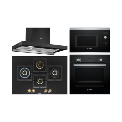 Bosch Built In Oven HBF532BA0I + Bosch Built-In Microwave Series 4 BEL553MS0I + Bosch 90 cm Wall Mounted Chimney Self Clean Series DWBA98H60I + Bosch 75 cm 4 Burner Hob True Brass 2D PNI7B6F20I