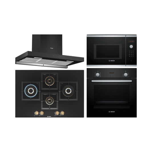 Bosch Built In Oven HBF532BA0I + Bosch Built-In Microwave Series 4 BEL553MS0I + Bosch 90 cm Wall Mounted Chimney Self Clean Series DWBA98H60I + Bosch 75 cm 4 Burner Hob True Brass 2D PNI7B6F20I