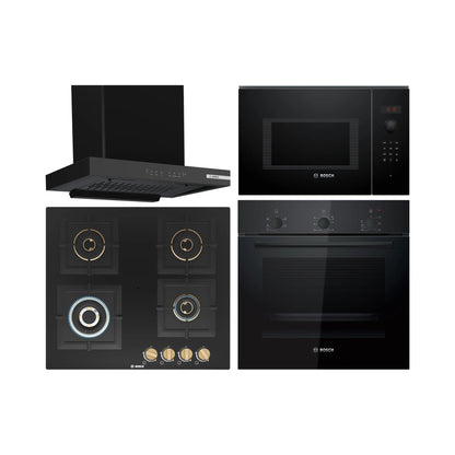 Bosch Built In Oven HBF011BA1I + Bosch Built-In Microwave Series 6 BEL553MB0I + Bosch 60 cm Wall Mounted Chimney DWB68IJ60I + Bosch 60 cm 4 Burner Hob True Brass 2D PNH6B6F20I