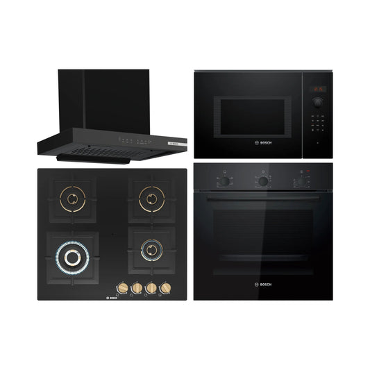 Bosch Built In Oven HBF011BA1I + Bosch Built-In Microwave Series 6 BEL553MB0I + Bosch 60 cm Wall Mounted Chimney DWB68IJ60I + Bosch 60 cm 4 Burner Hob True Brass 2D PNH6B6F20I
