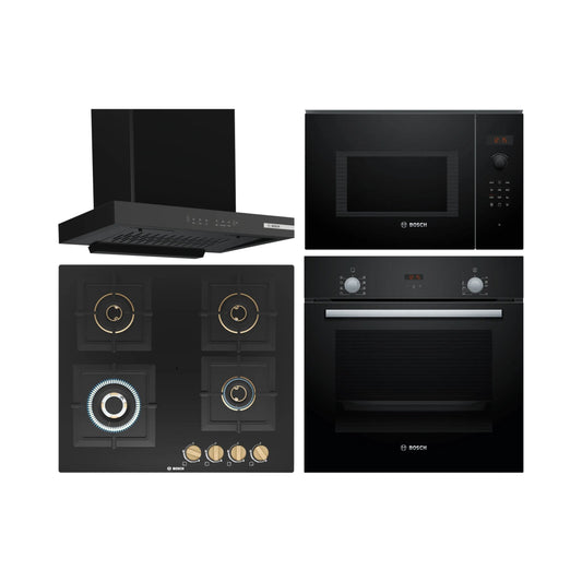Bosch Built In Oven HBF532BA0I + Bosch Built-In Microwave Series 6 BEL553MB0I + Bosch 60 cm Wall Mounted Chimney DWB68IJ60I + Bosch 60 cm 4 Burner Hob True Brass 2D PNH6B6F20I