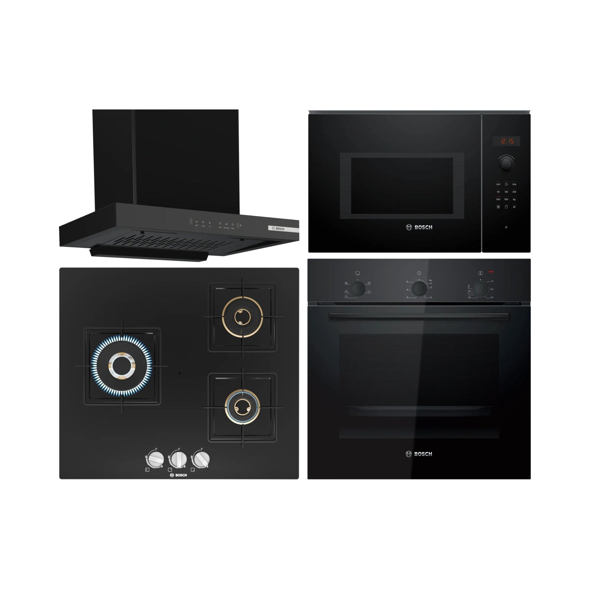 Bosch Built In Oven HBF011BA1I + Bosch Built-In Microwave Series 6 BEL553MB0I + Bosch 60 cm Wall Mounted Chimney DWB68IJ60I + Bosch 60 cm 3 Burner Hob True Brass 2D PNC6B6F10I