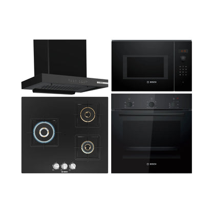 Bosch Built In Oven HBF011BA1I + Bosch Built-In Microwave Series 6 BEL553MB0I + Bosch 60 cm Wall Mounted Chimney DWB68IJ60I + Bosch 60 cm 3 Burner Hob True Brass 2D PNC6B6F10I
