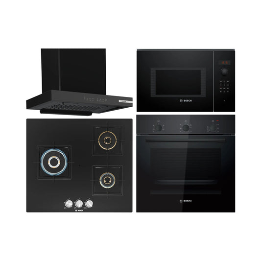 Bosch Built In Oven HBF011BA1I + Bosch Built-In Microwave Series 6 BEL553MB0I + Bosch 60 cm Wall Mounted Chimney DWB68IJ60I + Bosch 60 cm 3 Burner Hob True Brass 2D PNC6B6F10I