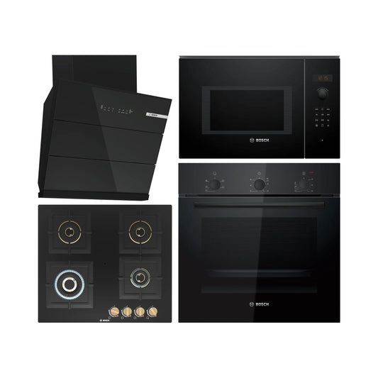 Bosch Built In Oven HBF011BA1I + Bosch Built-In Microwave Series 6 BEL553MB0I + Bosch 60 cm Wall Mounted Chimney DWK68IJ60I + Bosch 60 cm 4 Burner Hob True Brass 2D PNH6B6F20I