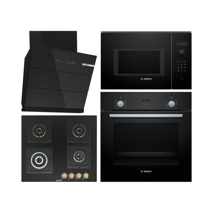 Bosch Built In Oven HBF532BA0I + Bosch Built-In Microwave Series 6 BEL553MB0I + Bosch 60 cm Wall Mounted Chimney DWK68IJ60I + Bosch 60 cm 4 Burner Hob True Brass 2D PNH6B6F20I