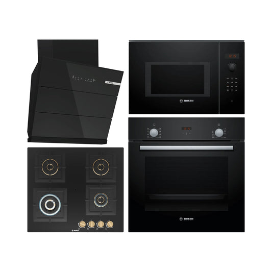 Bosch Built In Oven HBF532BA0I + Bosch Built-In Microwave Series 6 BEL553MB0I + Bosch 60 cm Wall Mounted Chimney DWK68IJ60I + Bosch 60 cm 4 Burner Hob True Brass 2D PNH6B6F20I