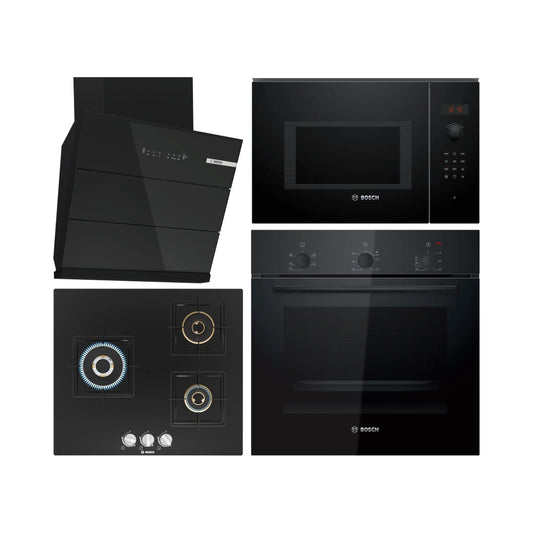 Bosch Built In Oven HBF011BA1I + Bosch Built-In Microwave Series 6 BEL553MB0I + Bosch 60 cm Wall Mounted Chimney DWK68IJ60I + Bosch 60 cm 3 Burner Hob True Brass 2D PNC6B6F10I