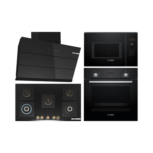 Bosch Built In Oven HBF532BA0I + Bosch Built-In Microwave Series 6 BEL553MB0I + Bosch 90 cm Wall Mounted Chimney DWK98IJ60I + Bosch 90 cm 5 Burner Hob True Brass 3D PNV9B6G20I