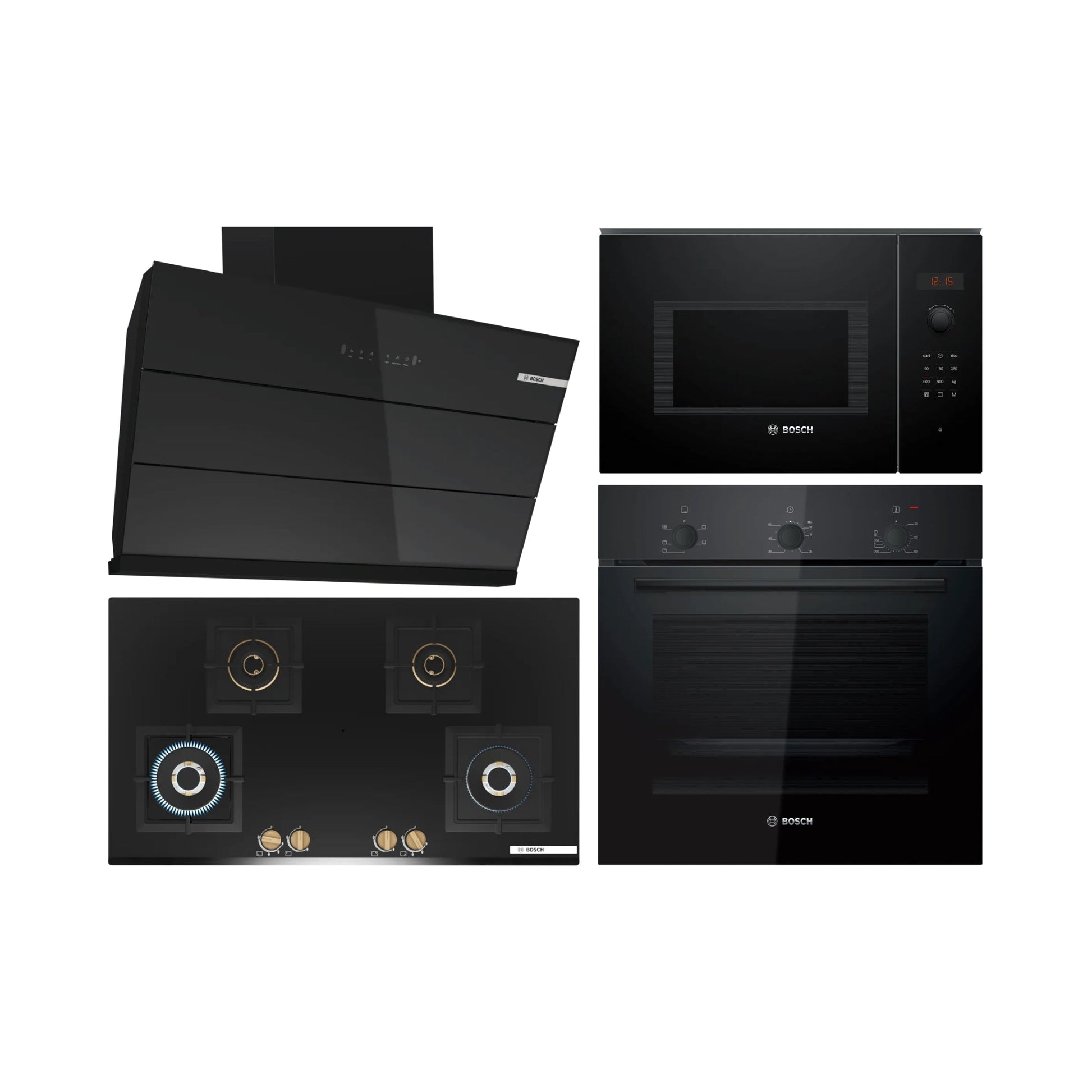 Bosch Built In Oven HBF011BA1I + Bosch Built-In Microwave Series 6 BEL553MB0I + Bosch 90 cm Wall Mounted Chimney DWK98IJ60I + Bosch 90 cm 4 Burner Hob Series 6 True Brass 3D PNF9B6G20I