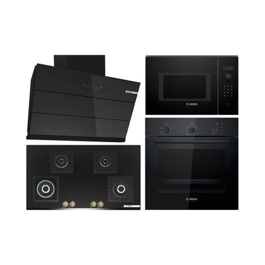 Bosch Built In Oven HBF011BA1I + Bosch Built-In Microwave Series 6 BEL553MB0I + Bosch 90 cm Wall Mounted Chimney DWK98IJ60I + Bosch 90 cm 4 Burner Hob Series 6 True Brass 3D PNF9B6G20I