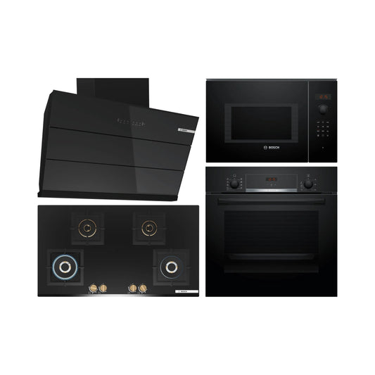 Bosch Built In Oven HBJ534EB0I + Bosch Built-In Microwave Series 6 BEL553MB0I + Bosch 90 cm Wall Mounted Chimney DWK98IJ60I + Bosch 90 cm 4 Burner Hob Series 6 True Brass 3D PNF9B6G20I