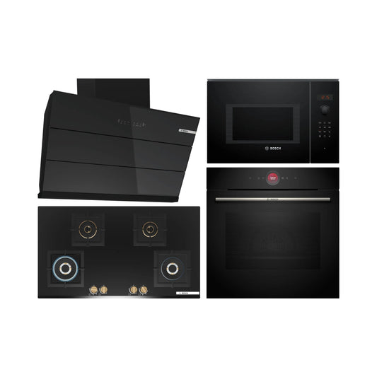 Bosch Built In Oven With Air Fryer HBG7341B1 + Bosch Built-In Microwave Series 6 BEL553MB0I + Bosch 90 cm Wall Mounted Chimney DWK98IJ60I + Bosch 90 cm 4 Burner Hob Series 6 True Brass 3D PNF9B6G20I
