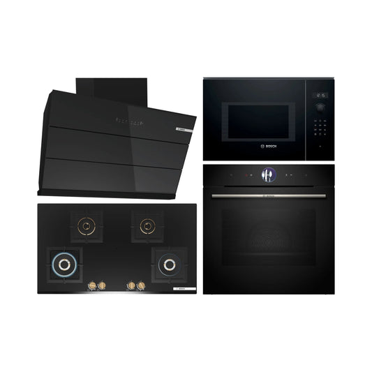 Bosch Built In Oven with Full Steam Function HSG7361B1 + Bosch Built-In Microwave Series 6 BEL554MB0I + Bosch 90 cm Wall Mounted Chimney DWK98IJ60I + Bosch 90 cm 4 Burner Hob Series 6 True Brass 3D PNF9B6G20I