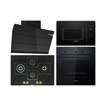 Bosch Built In Oven HBF011BA1I + Bosch Built-In Microwave Series 6 BEL553MB0I + Bosch 90 cm Wall Mounted Chimney DWK98IJ60I + Bosch 75 cm 4 Burner Hob True Brass 2D PNI7B6F20I