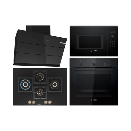 Bosch Built In Oven HBF011BA1I + Bosch Built-In Microwave Series 6 BEL553MB0I + Bosch 90 cm Wall Mounted Chimney DWK98IJ60I + Bosch 75 cm 4 Burner Hob True Brass 2D PNI7B6F20I