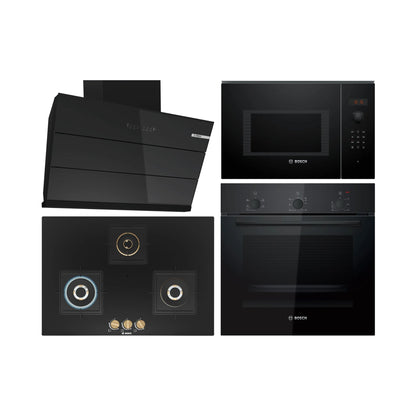 Bosch Built In Oven HBF011BA1I + Bosch Built-In Microwave Series 6 BEL553MB0I + Bosch 90 cm Wall Mounted Chimney DWK98IJ60I + Bosch 75 cm 3 Burner Hob True Brass 2D PND7B6F20I