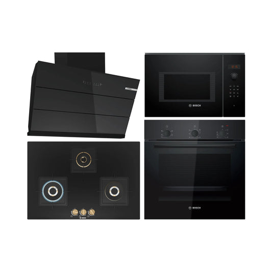 Bosch Built In Oven HBF011BA1I + Bosch Built-In Microwave Series 6 BEL553MB0I + Bosch 90 cm Wall Mounted Chimney DWK98IJ60I + Bosch 75 cm 3 Burner Hob True Brass 2D PND7B6F20I