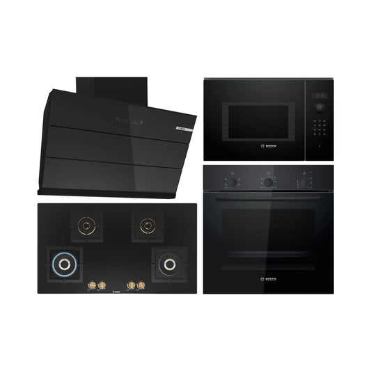 Bosch Built In Oven HBF011BA1I + Bosch Built-In Microwave Series 6 BEL553MB0I + Bosch 90 cm Wall Mounted Chimney DWK98IJ60I + Bosch 90 cm 4 Burner Hob True Brass 2D PNF9B6F20I
