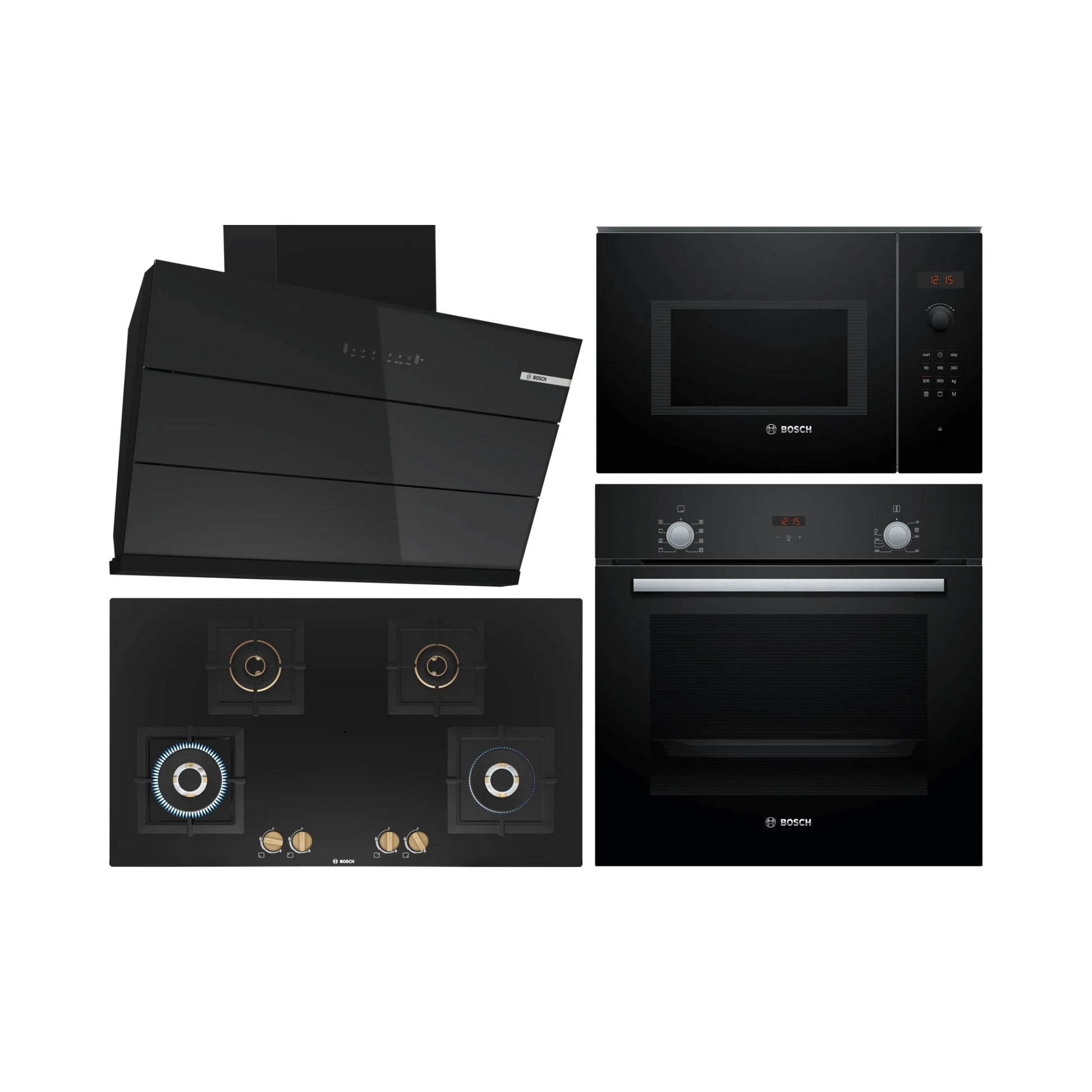Bosch Built In Oven HBF532BA0I + Bosch Built-In Microwave Series 6 BEL553MB0I + Bosch 90 cm Wall Mounted Chimney DWK98IJ60I + Bosch 90 cm 4 Burner Hob True Brass 2D PNF9B6F20I