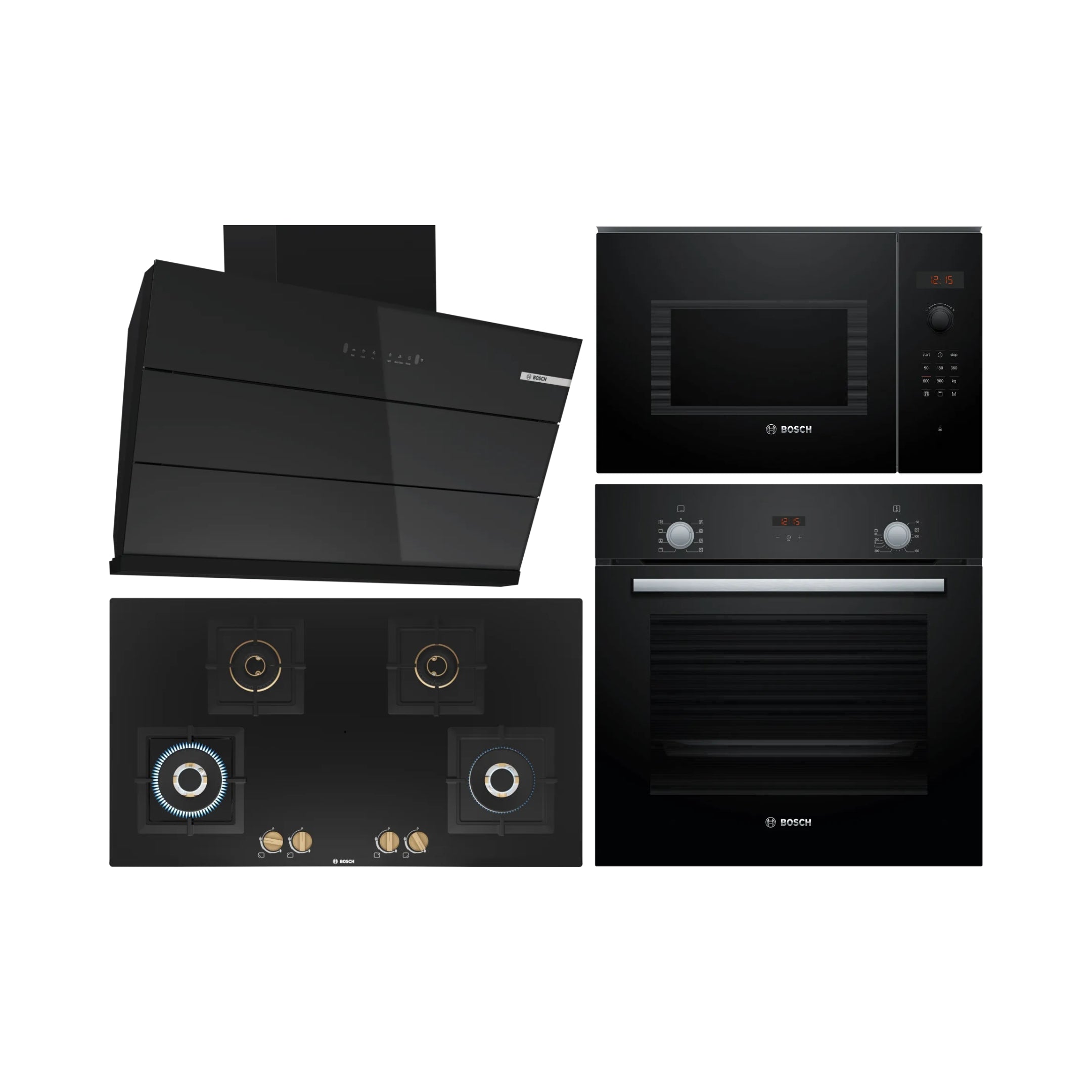 Bosch Built In Oven HBF532BA0I + Bosch Built-In Microwave Series 6 BEL553MB0I + Bosch 90 cm Wall Mounted Chimney DWK98IJ60I + Bosch 90 cm 4 Burner Hob True Brass 2D PNF9B6F20I
