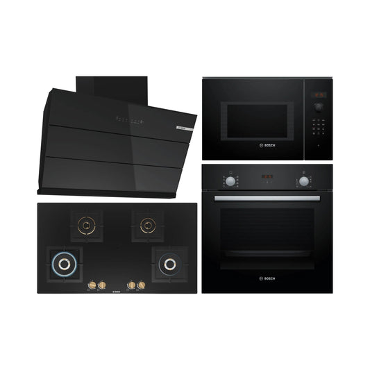 Bosch Built In Oven HBF532BA0I + Bosch Built-In Microwave Series 6 BEL553MB0I + Bosch 90 cm Wall Mounted Chimney DWK98IJ60I + Bosch 90 cm 4 Burner Hob True Brass 2D PNF9B6F20I