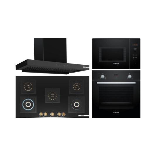 Bosch Built In Oven HBF532BA0I + Bosch Built-In Microwave Series 6 BEL553MB0I + Bosch 90 cm Wall Mounted Chimney DWB98IJ60I + Bosch 90 cm 5 Burner Hob True Brass 3D PNV9B6G20I