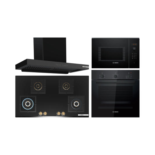 Bosch Built In Oven HBF011BA1I + Bosch Built-In Microwave Series 6 BEL553MB0I + Bosch 90 cm Wall Mounted Chimney DWB98IJ60I + Bosch 90 cm 4 Burner Hob Series 6 True Brass 3D PNF9B6G20I