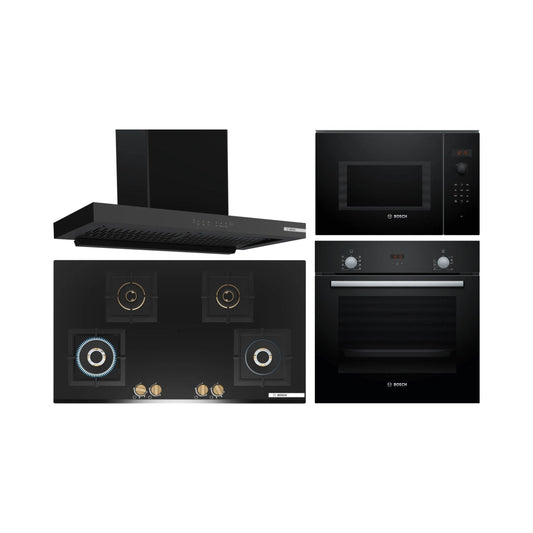 Bosch Built In Oven HBF532BA0I + Bosch Built-In Microwave Series 6 BEL553MB0I + Bosch 90 cm Wall Mounted Chimney DWB98IJ60I + Bosch 90 cm 4 Burner Hob Series 6 True Brass 3D PNF9B6G20I