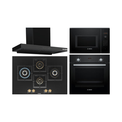 Bosch Built In Oven HBF532BA0I + Bosch Built-In Microwave Series 6 BEL553MB0I + Bosch 90 cm Wall Mounted Chimney DWB98IJ60I + Bosch 75 cm 4 Burner Hob True Brass 2D PNI7B6F20I