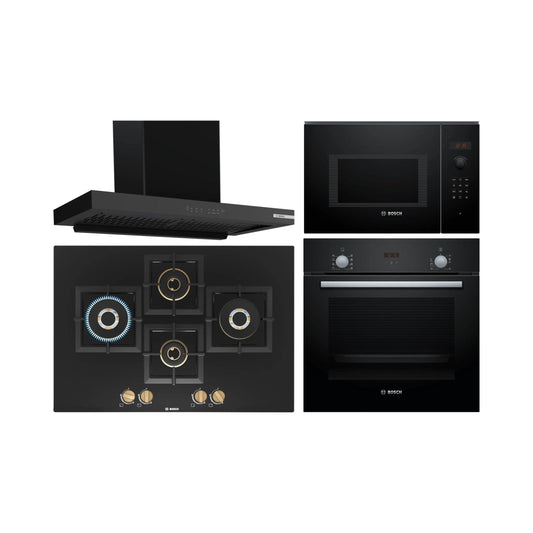 Bosch Built In Oven HBF532BA0I + Bosch Built-In Microwave Series 6 BEL553MB0I + Bosch 90 cm Wall Mounted Chimney DWB98IJ60I + Bosch 75 cm 4 Burner Hob True Brass 2D PNI7B6F20I