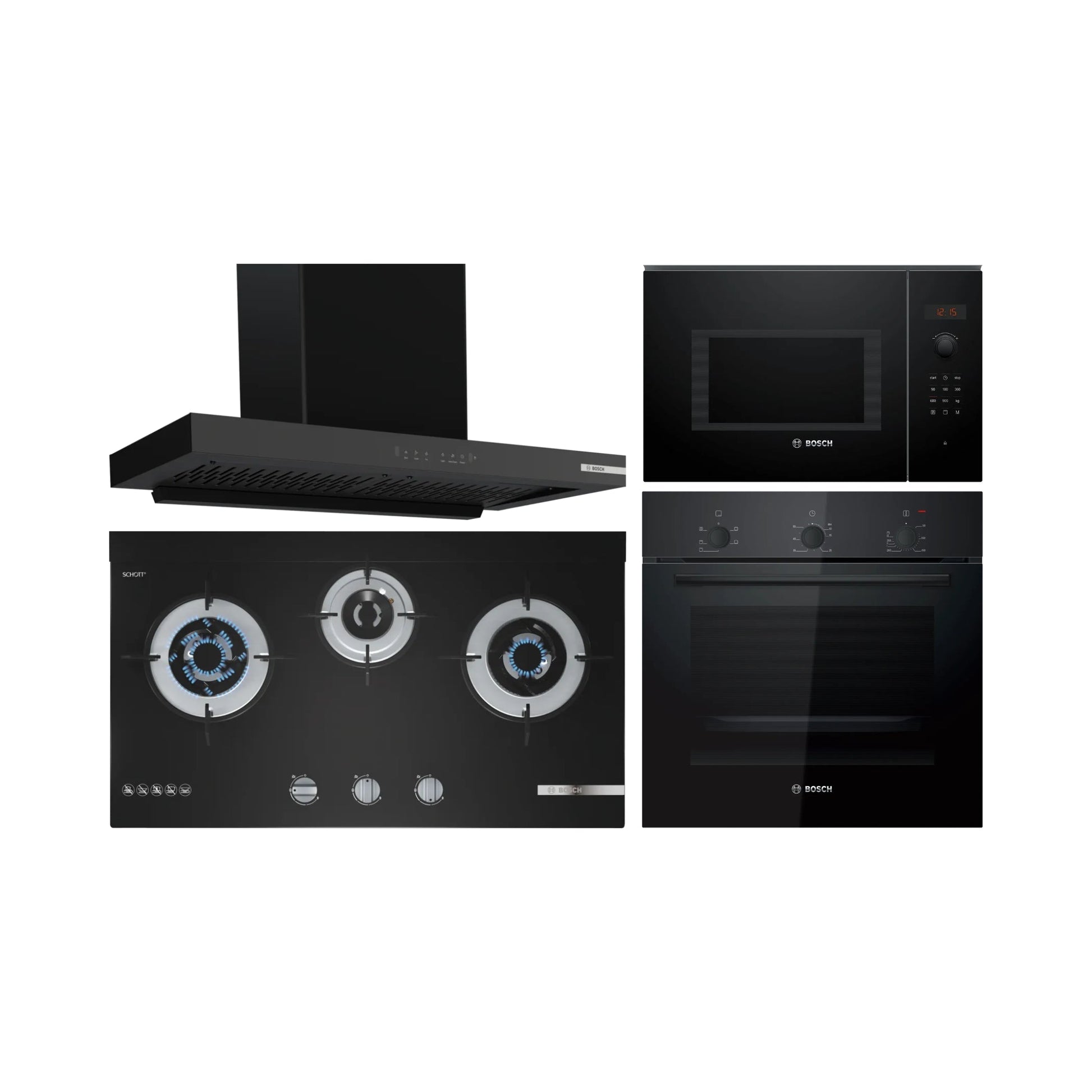 Bosch Built In Oven HBF011BA1I + Bosch Built-In Microwave Series 6 BEL553MB0I + Bosch 90 cm Wall Mounted Chimney DWB98IJ60I + Bosch 70 cm 3 Burner Hob True Brass 3D Wheel PMD83D31NX