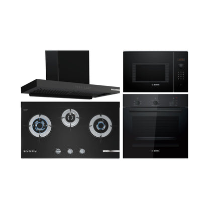 Bosch Built In Oven HBF011BA1I + Bosch Built-In Microwave Series 6 BEL553MB0I + Bosch 90 cm Wall Mounted Chimney DWB98IJ60I + Bosch 70 cm 3 Burner Hob True Brass 3D Wheel PMD83D31NX