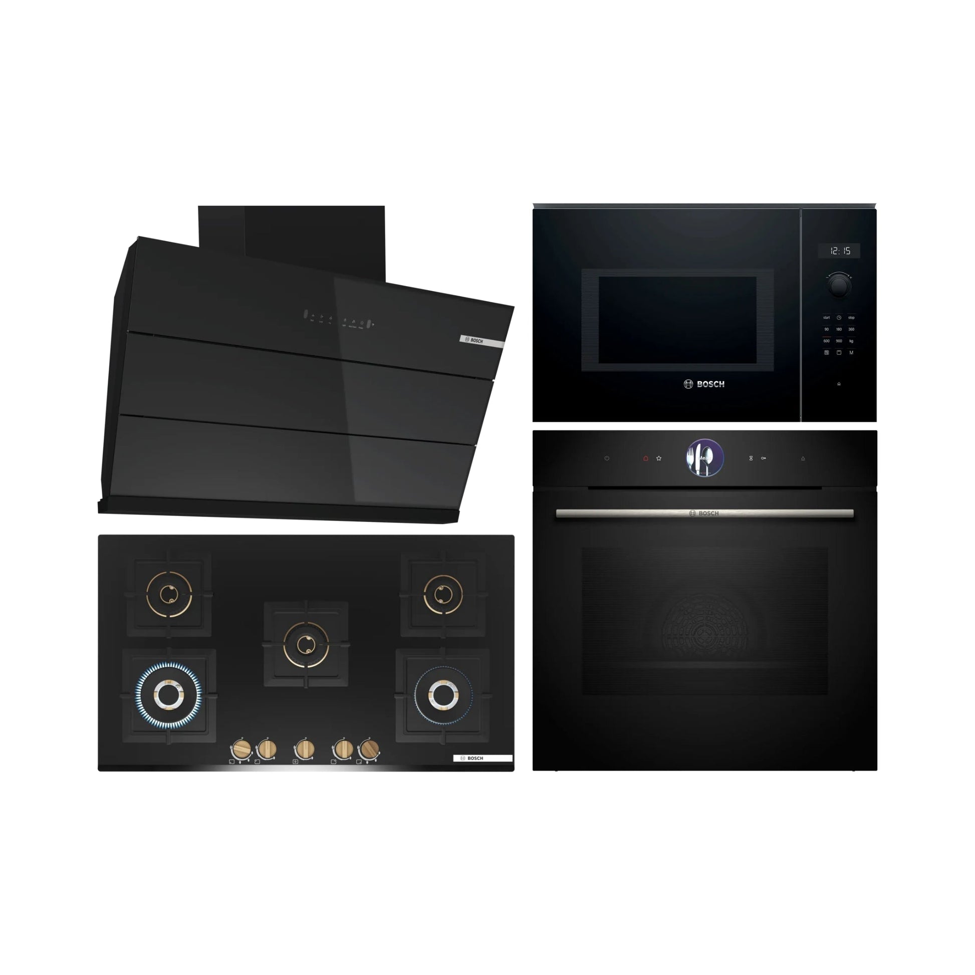 Bosch Built In Oven with Full Steam Function HSG7361B1 + Bosch Built-In Microwave Series 6 BEL554MB0I + Bosch 90 cm Wall Mounted Chimney DWK98IJ60I + Bosch 90 cm 5 Burner Hob True Brass 3D PNV9B6G20I