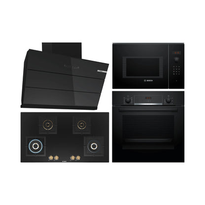 Bosch Built In Oven HBJ534EB0I + Bosch Built-In Microwave Series 6 BEL553MB0I + Bosch 90 cm Wall Mounted Chimney DWK98IJ60I + Bosch 90 cm 4 Burner Hob True Brass 2D PNF9B6F20I