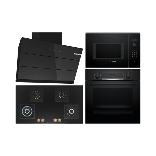 Bosch Built In Oven HBJ534EB0I + Bosch Built-In Microwave Series 6 BEL553MB0I + Bosch 90 cm Wall Mounted Chimney DWK98IJ60I + Bosch 90 cm 4 Burner Hob True Brass 2D PNF9B6F20I